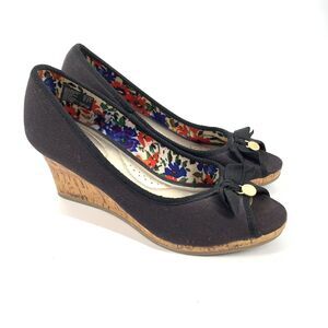 Dexflex Comfort Cork Wedge Peep Toe Sandals Size 7.5 W Womens Black Brown Summer